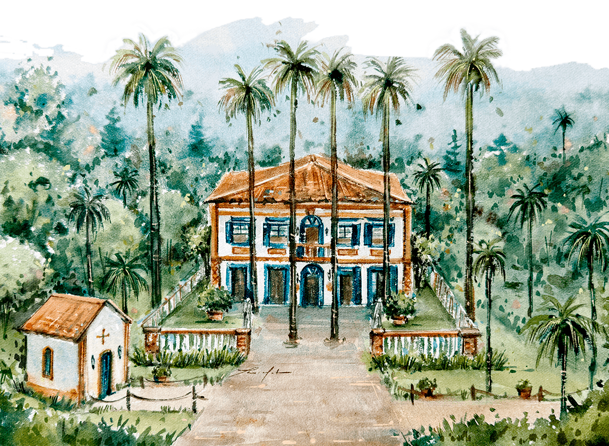 Aquarela da Fazenda Santa Barbara, com sua capela e palmeiras